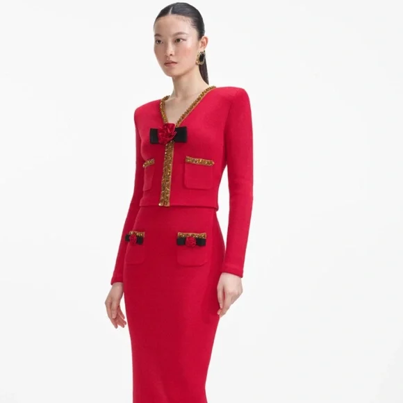 self-portrait Red Textured Knit Corsage Midi Skirt Size Small - MSRP $380 - NWT - Picture 2 of 8